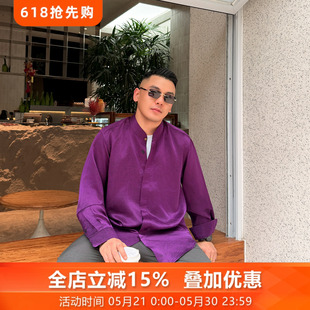紫烟云三重门夏季衬衫男士2026新款复古缎龟香云纱真丝中式改良男