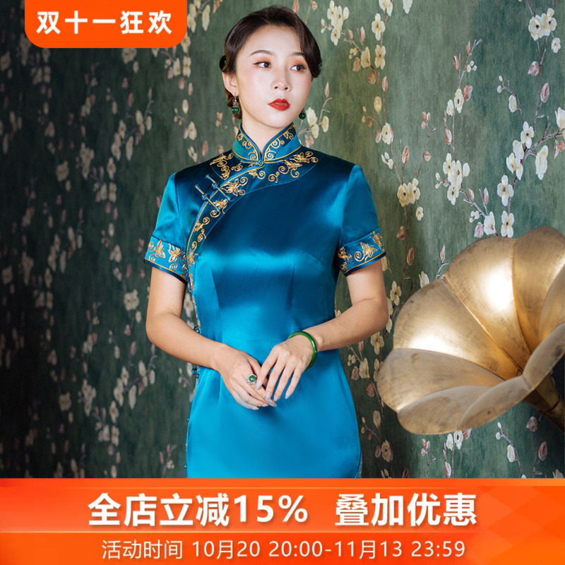 三重门名门闺秀30姆米手工苏绣真丝盘金绣宴会旗袍非物质文化遗产