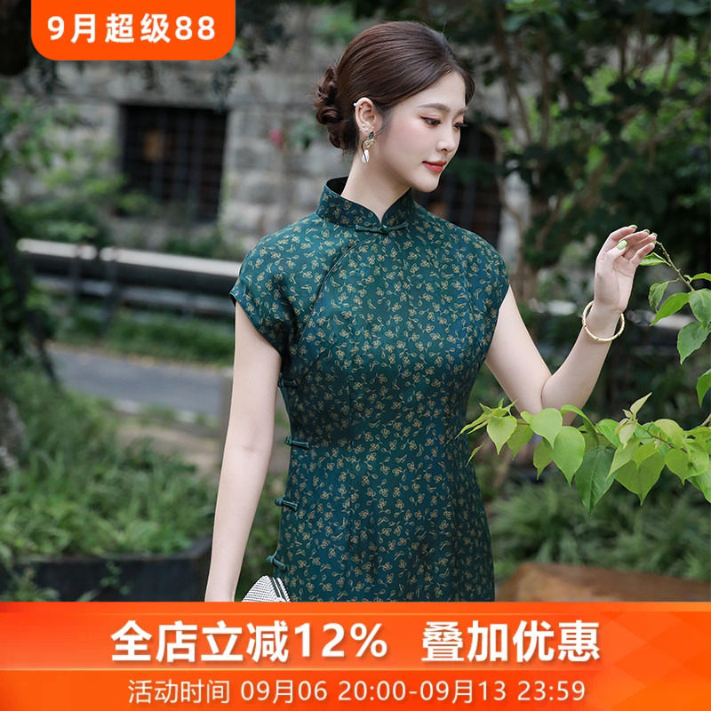 绿罗枝三重门香云纱花罗中式民国风日常旗袍连衣裙手工盘扣女士夏