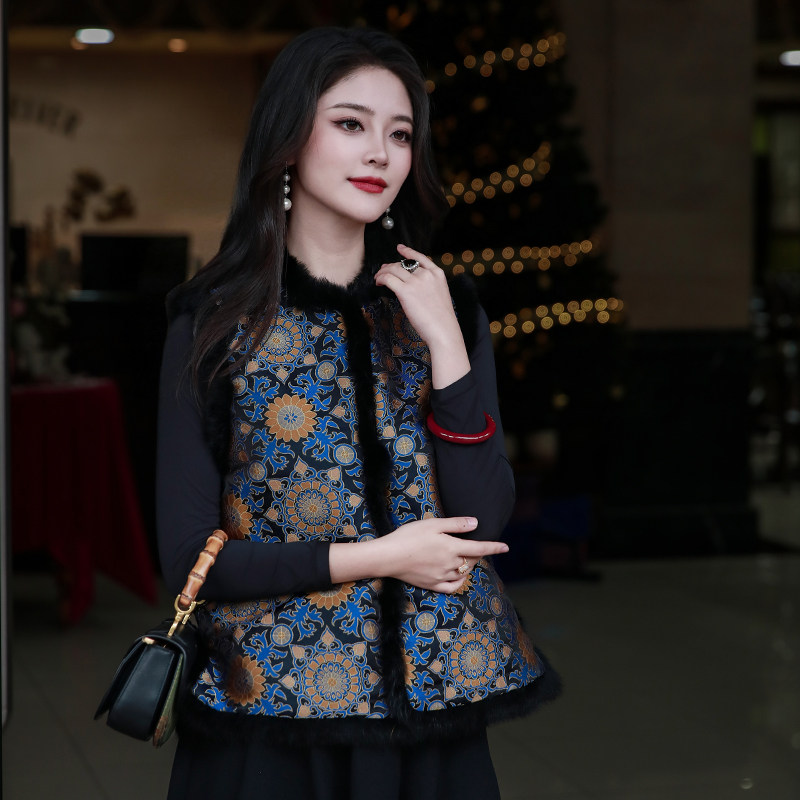 沧海月三重门非遗真丝宋锦马甲背心上衣貂毛夹棉保暖秋冬中国风女