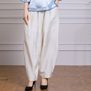 微风三重门复古双宫真丝桑蚕丝中式休闲裤子百搭日常松紧宽松女装