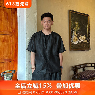 止观三重门真丝香云纱男士短袖t恤2026新款时尚中国风圆领上衣夏