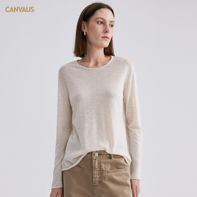 CANVAUS 绵羊毛薄款毛针织衫女上衣秋新款纯色圆领套头打底衫毛衣