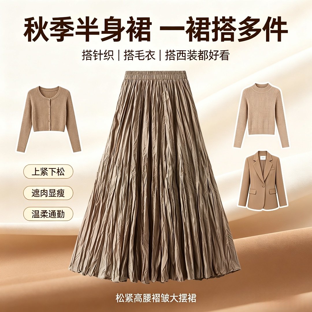 褶皱半身裙女夏季高腰A字大摆裙梨形身材遮胯显瘦松弛感百褶长裙