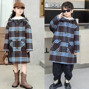 2025新款 男女童双面羊绒大衣儿童羊毛呢子外套男童英伦格子亲子装