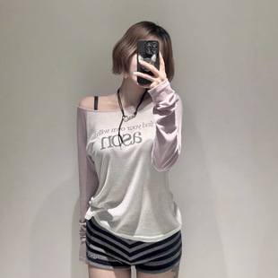 韩国小众ason徐梦洁韩版 显瘦字母撞色斜肩防晒薄款 长袖 T恤 修身