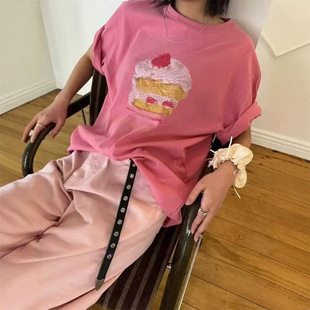 可爱减龄草莓蛋糕印花宽松休闲圆领短袖 2026夏款 韩国东大门enu