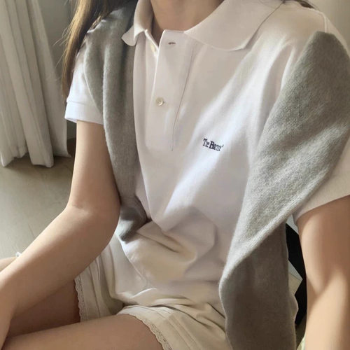 韩国the barnnet八奶家春夏学院风韩系减龄刺绣宽松翻领POLO衫T恤