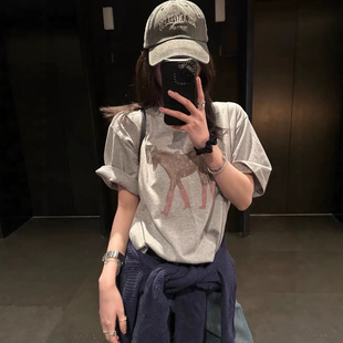 韩代东大门2026春夏新款 T恤女宽松慵懒休闲上衣 撞色小马印花短袖