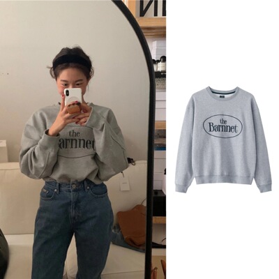 韩国barnnet八奶 fever同款东大门复古美式刺绣字母宽松毛圈卫衣