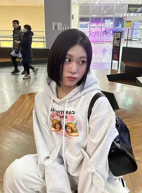 2026春季韩国asifcalie天使印花镂空蝴蝶结宽松连帽卫衣女外套