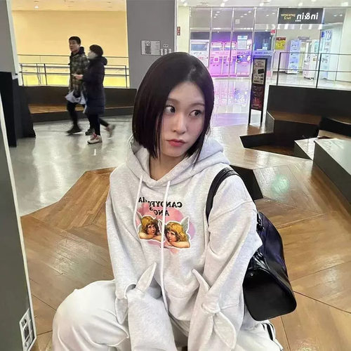 2026春季韩国asifcalie天使印花镂空蝴蝶结宽松连帽卫衣女外套