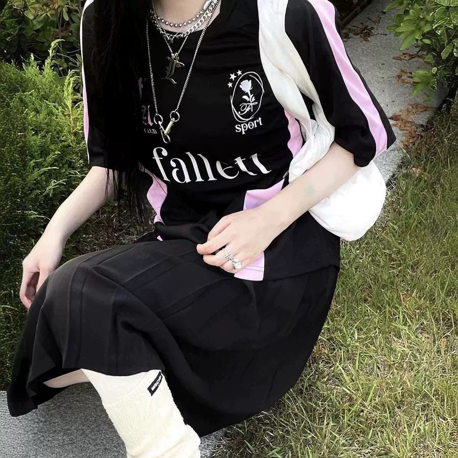 现货 韩国设计师Liz同款24夏季新款美式复古球衣风宽松bf短袖T恤