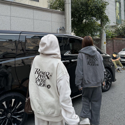 韩国rest冬季新款复古慵懒运动风加绒男女连帽RR外套长裤套装潮