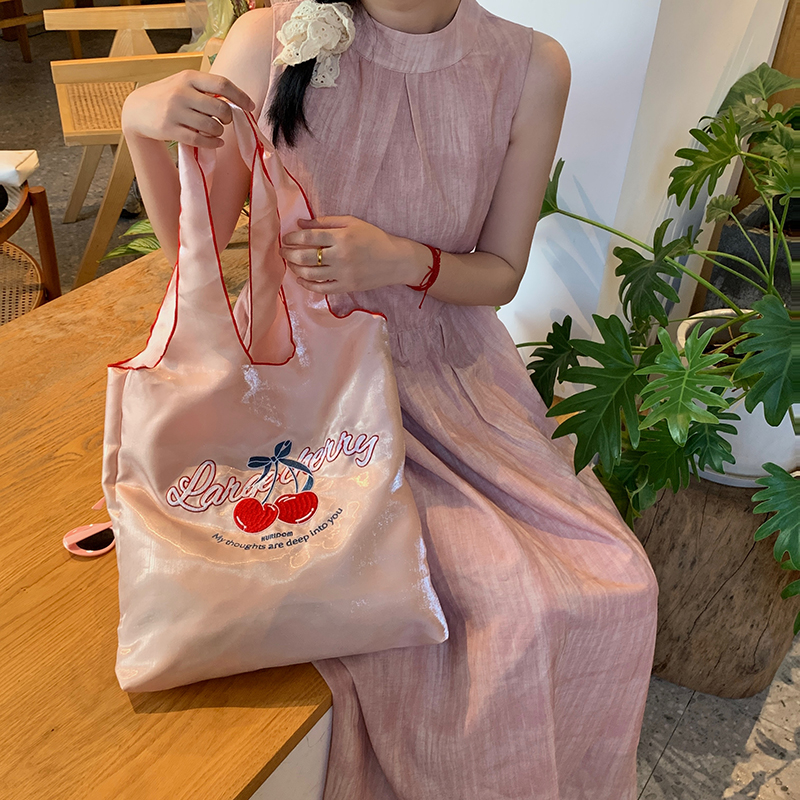 HURIDOM 小樱桃原创单肩包女2024新款刺绣亮面粉色帆布包女大容量