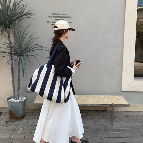 HURIDOM韩系慵懒风大容量条纹托特包单肩帆布包女旅行大包妈咪包