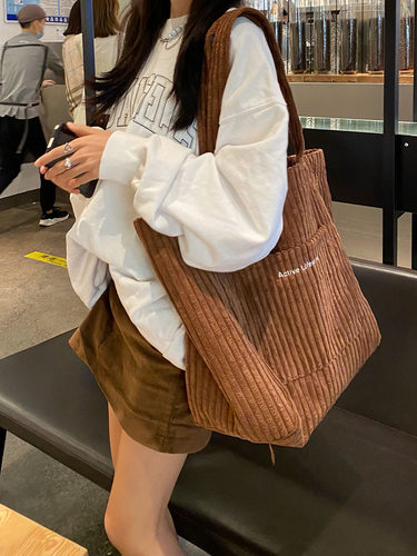 原创灯芯绒大单肩包毛绒托特包