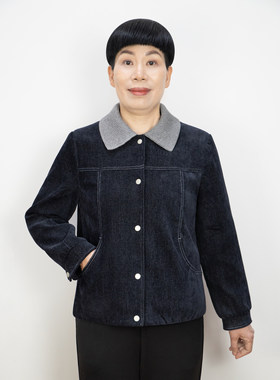 妈妈装牛仔外套春秋针织翻领