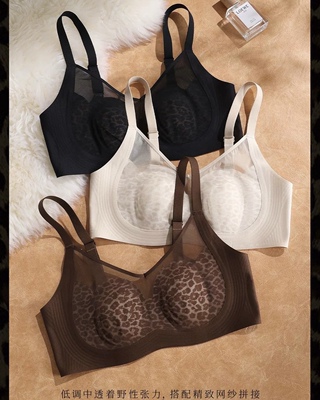 5620法式高定豹纹性感蕾丝内衣兔耳朵大胸显小无钢圈防下透气文胸