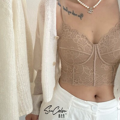 森色系996时尚法式性感蕾丝V领裹胸内衣舒适亲肤透气固定杯美背