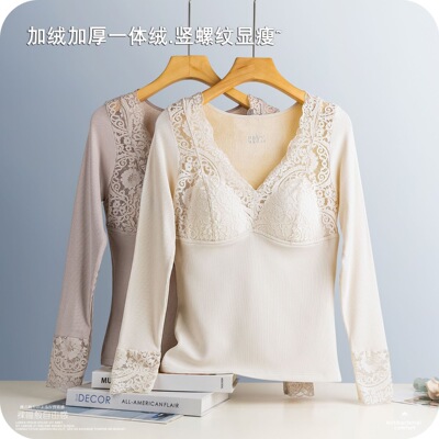 冬季内搭纯欲蕾丝叠穿打底衫女带胸垫免穿文胸保暖内衣加厚肌底衣