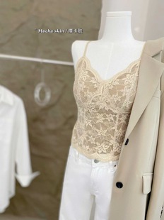 秋冬韩系辣妹微磨毛提花蕾丝V领背心女自带胸垫性感修身吊带内衣