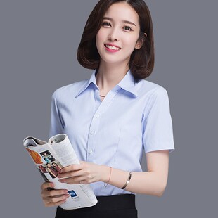 浅蓝色竖条纹暗扣防走光暗门襟短袖正装衬衫女韩版修身职业工作服