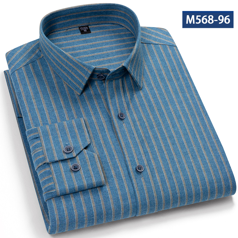 100%纯棉法兰绒磨毛格子衬衫男士内搭打底衫绿色条纹长袖爸爸衬衣