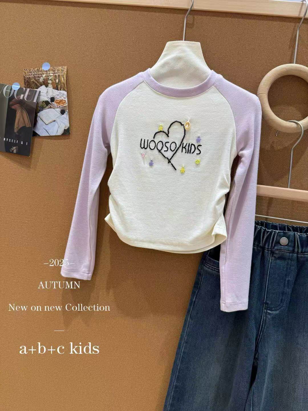 品牌童装秋款新品女童拼袖圆领短款上衣T恤中大童