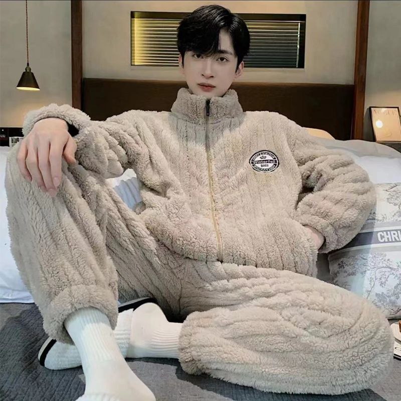 秋冬季新款珊瑚绒睡衣男式加绒加厚保暖大码法兰绒家居服男款套装