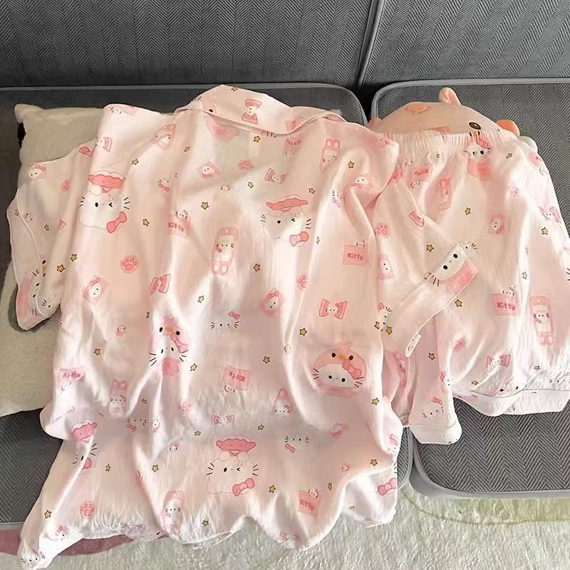 新款粉色KT猫睡衣女夏季云朵棉短袖短裤套装可爱开衫奶乎乎家居服