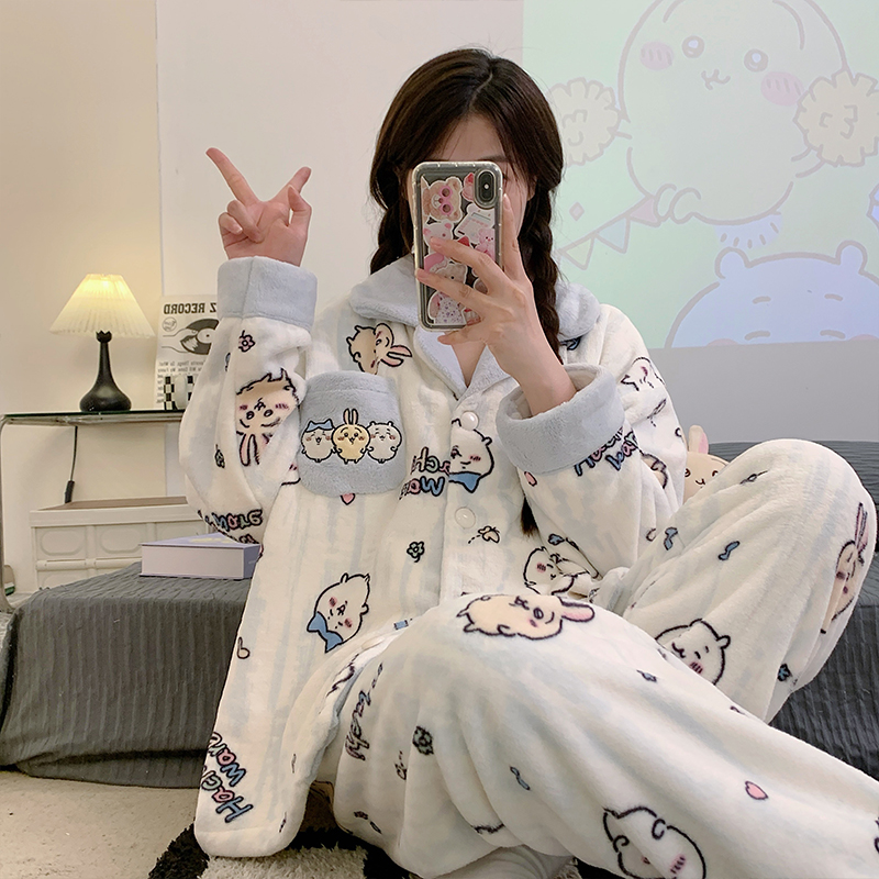 新款珊瑚绒睡衣女士秋冬季加绒加厚保暖套装学生少女法兰绒家居服