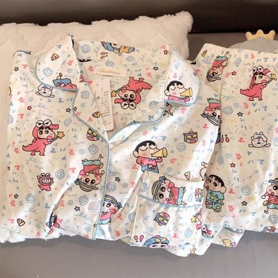 睡衣女夏季短袖新款日系蜡笔小新开衫纯棉可爱宿舍风家居服两件套
