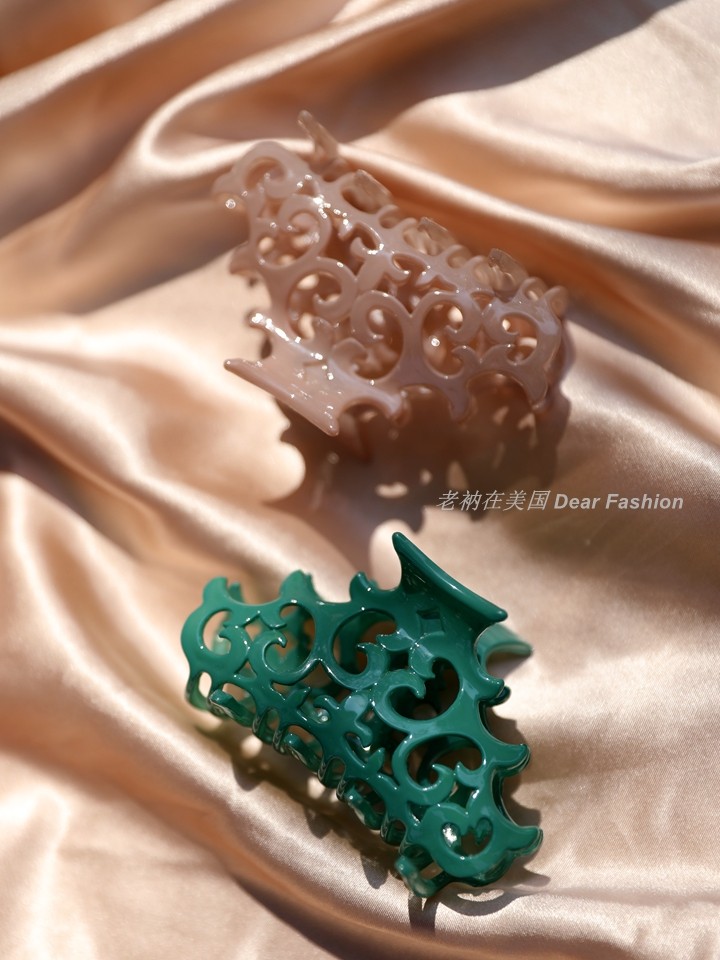 现货章小蕙camila paris法国醋酸发夹抓夹翡翠绿镂花大9cm,6cm