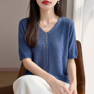夏季天丝面料V领带钻横条纹短袖T恤女纯色简约百搭薄款透气上衣潮