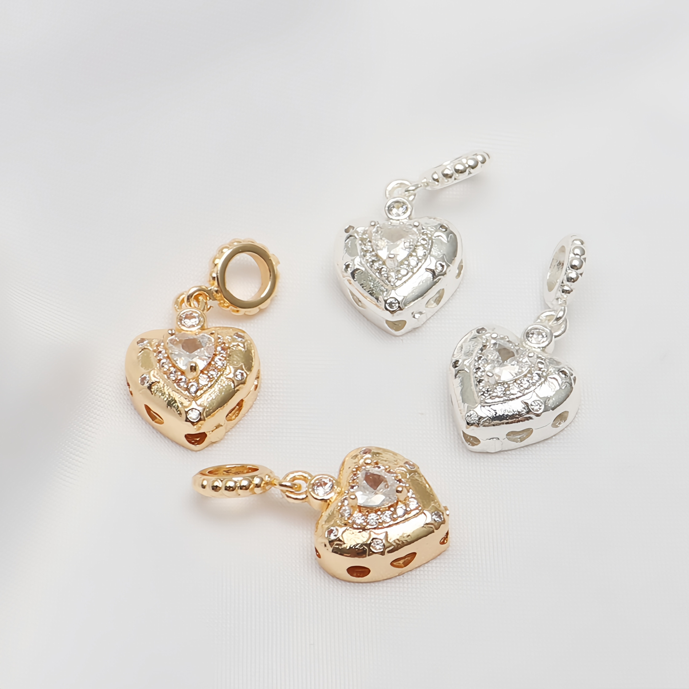14K包金保色镶嵌锆石爱心吊坠银色diy手工饰品手链项链散珠配件