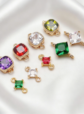 14K包金保色双吊彩色锆石吊坠链接diy饰品配件手链项链双圈材料