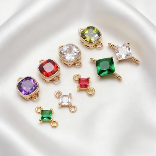 14K包金保色双吊彩色锆石吊坠链接diy饰品配件手链项链双圈材料