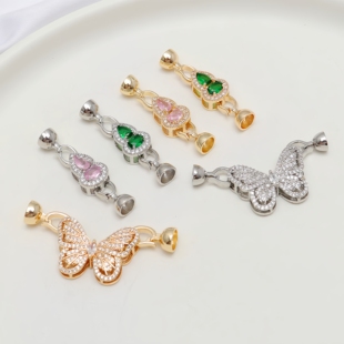 14K保色镶锆石葫芦蝴蝶双扣头链接白K珍珠项链手链diy饰品配件扣