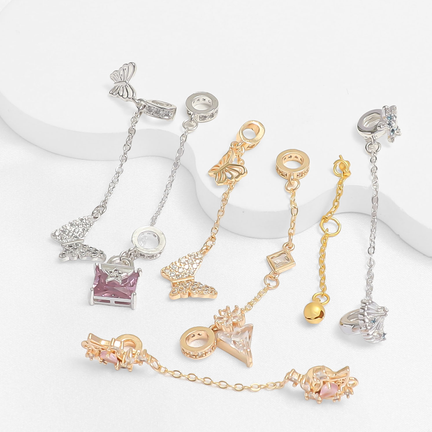 14K包金保色银色锆石扁O蝴蝶星星延长安全链吊坠diy手链饰品配件