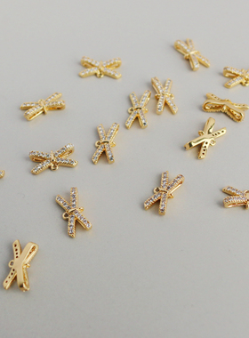 14K包金保色镶嵌锆石双吊蝴蝶结6*12mm吊坠手工配件吊饰