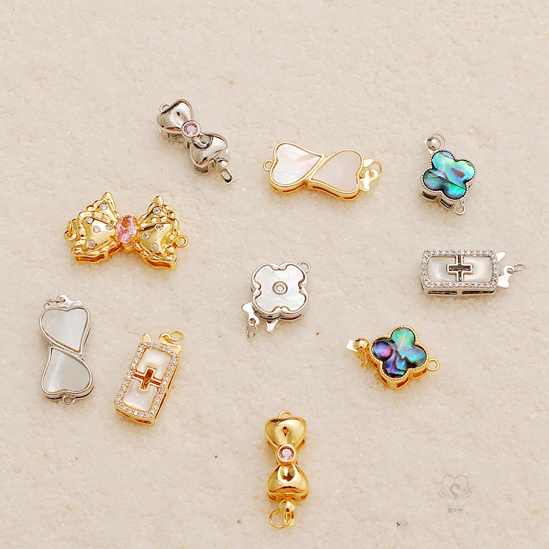 14K铜镀金保色贴贝四叶插片扣爱心方形连接扣手链项链diy饰品配件