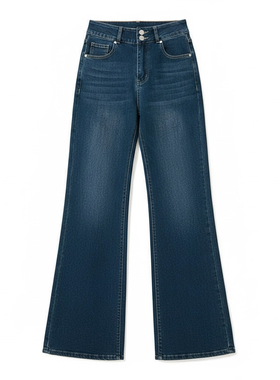 【书婷专享】弹力加绒高腰双扣阔微喇牛仔裤