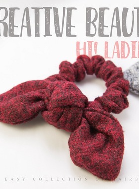 满50 日韩酒红色棉麻黑色复古冬款兔耳朵发圈头花皮筋发饰头饰品C