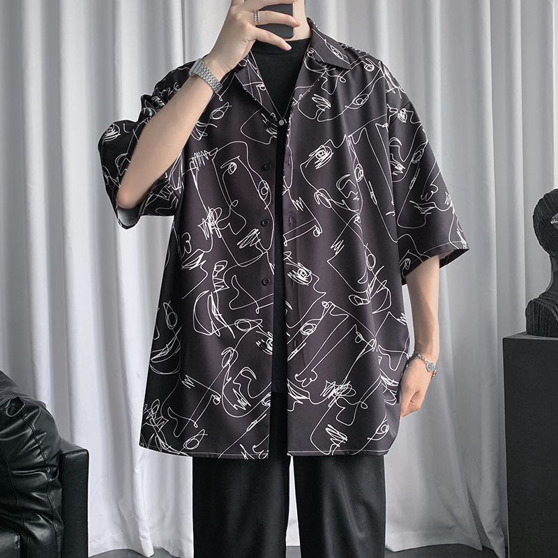 2020 Summer Style Men's and women's Retro sketch students' leisure five sleeve silk shirt