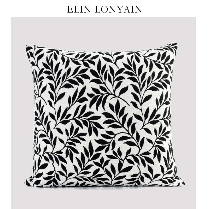 法式黑白植物图案抱枕样板房方枕