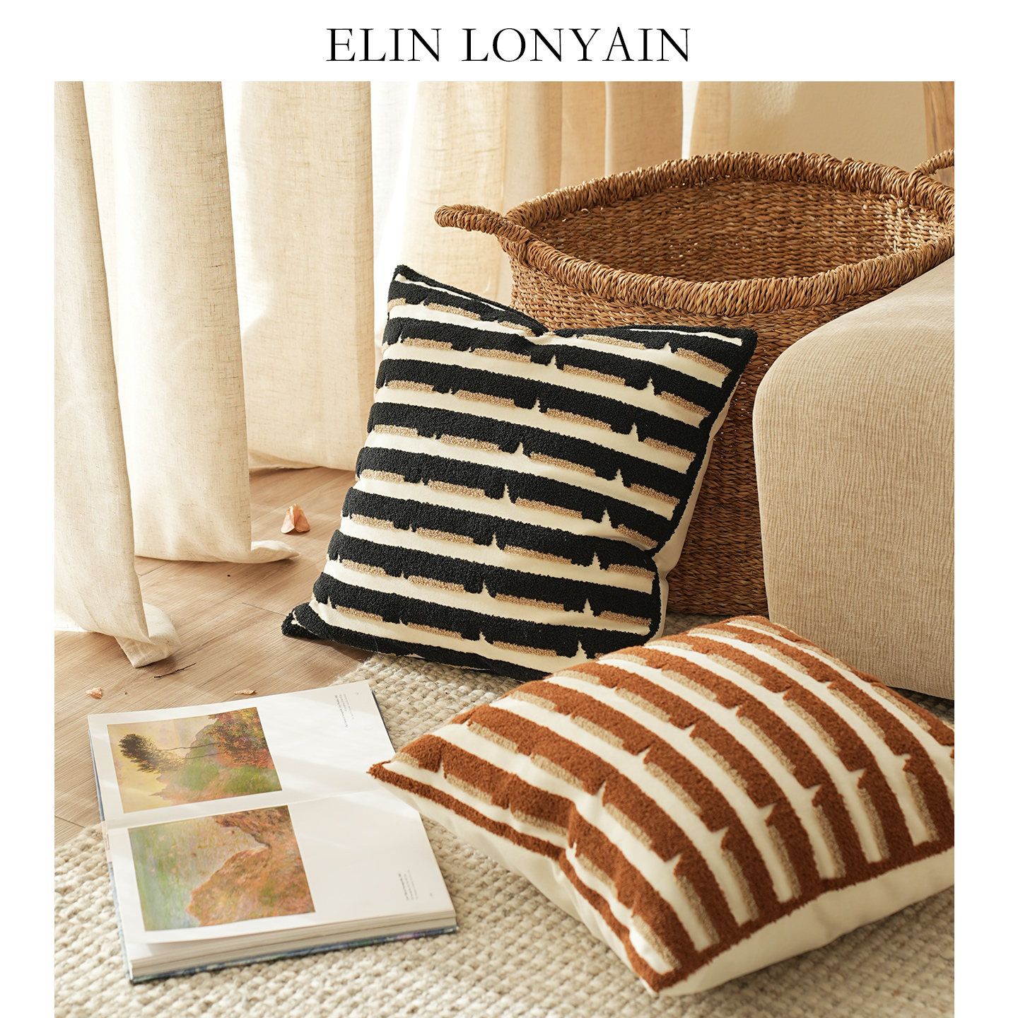 黑咖色几何簇绒高端靠垫抱枕方枕