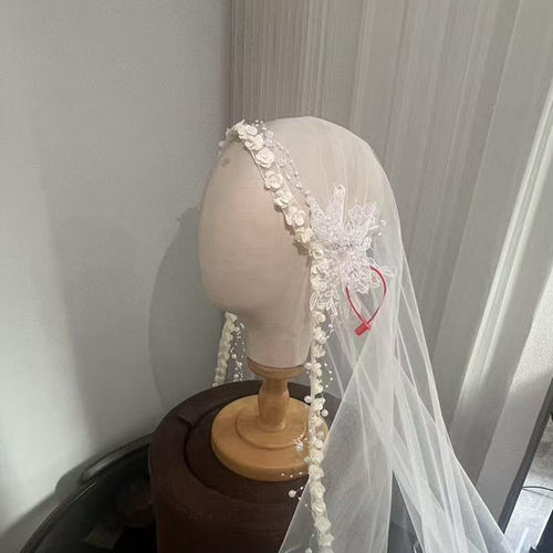 新款手作韩式新娘结婚短款头纱啥串珠花边主婚纱礼服简约旅拍头饰