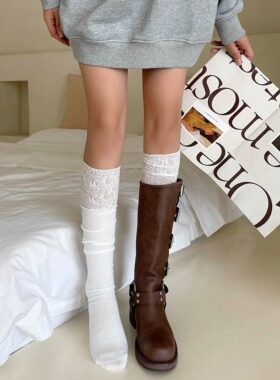白色蕾丝拼接小腿袜子女春夏款过膝jk长筒袜配靴子黑色及膝堆堆袜
