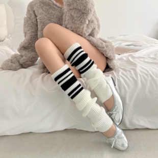 复古学院风袜套女春秋堆堆袜中筒条纹针织白色腿套y2k辣妹小腿袜